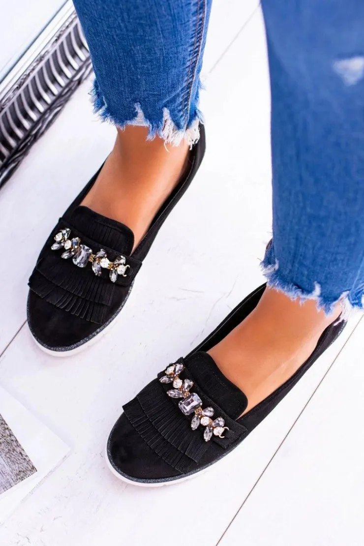 Damskie Boto Czarne Zamszowe Mokasyny z Kryształami Vivaro