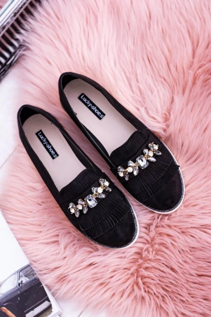 Damskie Boto Czarne Zamszowe Mokasyny z Kryształami Vivaro