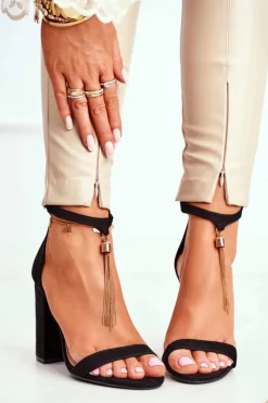 Damskie Boto Czarne Zamszowe Sandałki na Słupku z Frędzlem Annick