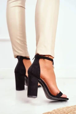 Damskie Boto Czarne Zamszowe Sandałki na Słupku z Frędzlem Annick