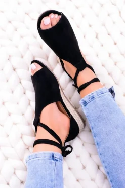 Boto Sandały Płaskie*Czarne Zamszowe Sandały na Lekkim koturnie Espanoso