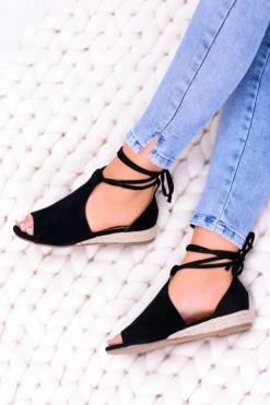 Boto Sandały Płaskie*Czarne Zamszowe Sandały na Lekkim koturnie Espanoso