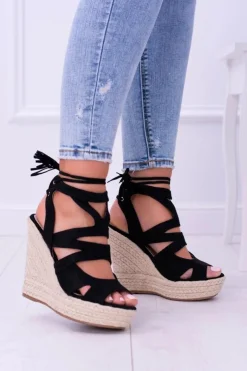 Damskie Boto Czarne Zamszowe Sandały Na Koturnie Nowelio