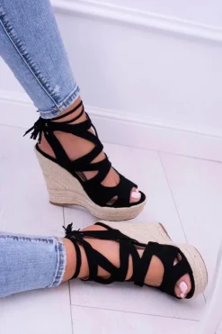 Damskie Boto Czarne Zamszowe Sandały Na Koturnie Nowelio