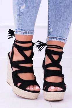 Damskie Boto Czarne Zamszowe Sandały Na Koturnie Nowelio