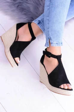 Damskie Boto Czarne Zamszowe Sandały Na Koturnie Sunlast