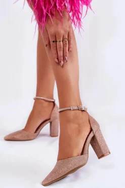 Hot Boto Czółenka Błyszczące Na Obcasie Z Dżetami Różowe Złoto Castor