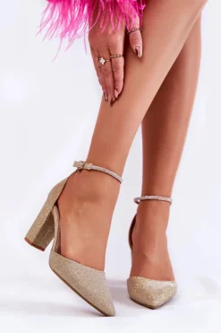 Outlet Boto Czółenka Błyszczące Na Obcasie Z Dżetami Złote Castor