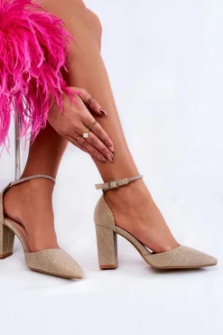 Outlet Boto Czółenka Błyszczące Na Obcasie Z Dżetami Złote Castor