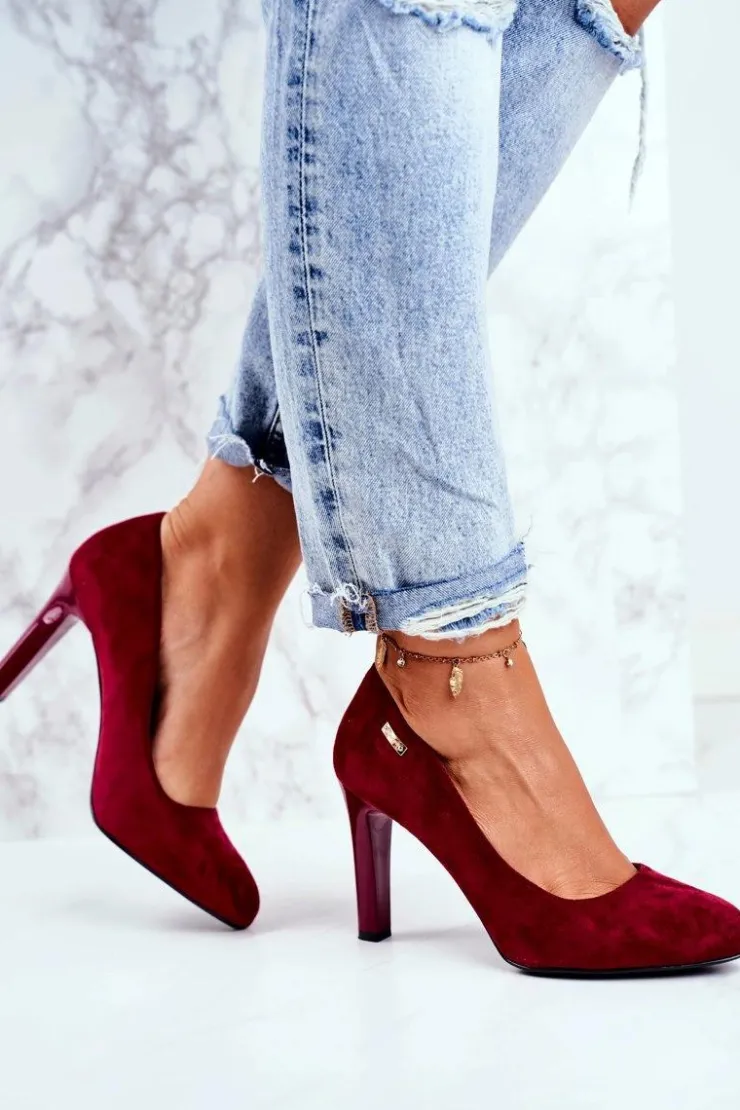 Damskie Buty Sergio Leone Czółenka damskie Bordowe Zamszowe Na Słupku Sergio Leone Campbell