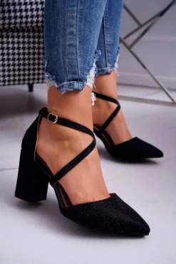 Damskie Boto Czółenka Damskie Na Słupku Brokatowe Czarne Perset