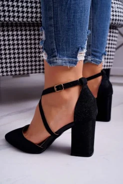 Damskie Boto Czółenka Damskie Na Słupku Brokatowe Czarne Perset