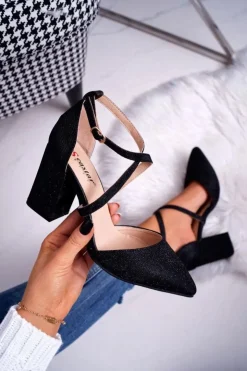 Damskie Boto Czółenka Damskie Na Słupku Brokatowe Czarne Perset