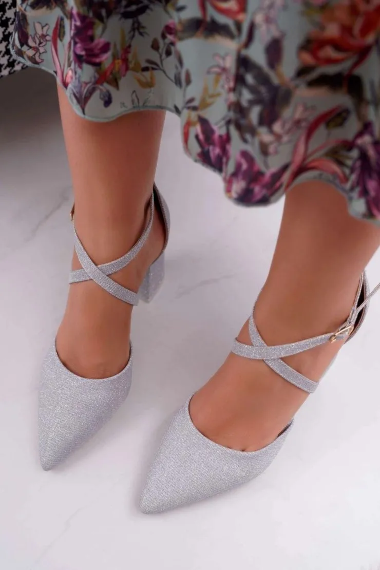 Damskie Boto Czółenka Damskie Na Słupku Brokatowe Srebrne Perset