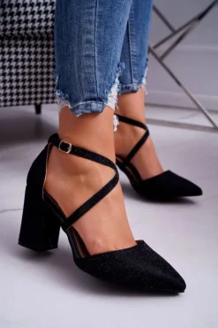 Sale Boto Czółenka Damskie Na Słupku Brokatowe Czarne Trever