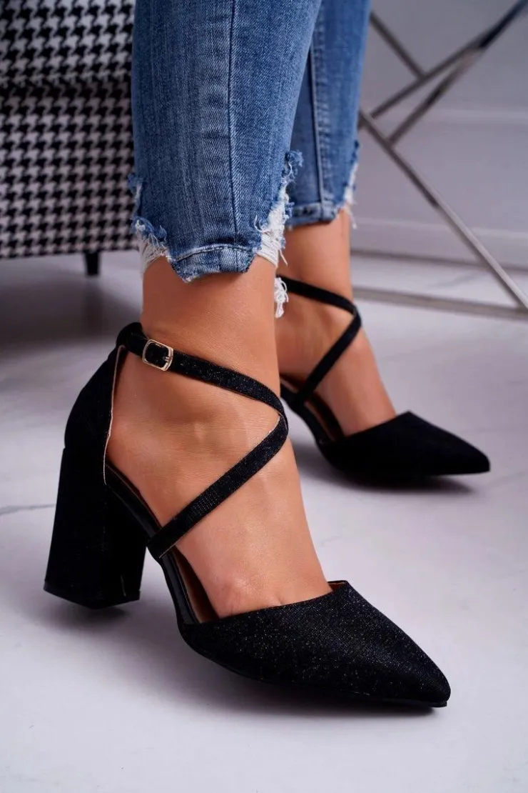 Sale Boto Czółenka Damskie Na Słupku Brokatowe Czarne Trever