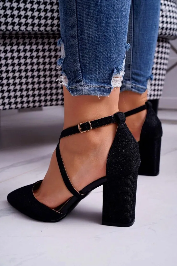 Sale Boto Czółenka Damskie Na Słupku Brokatowe Czarne Trever