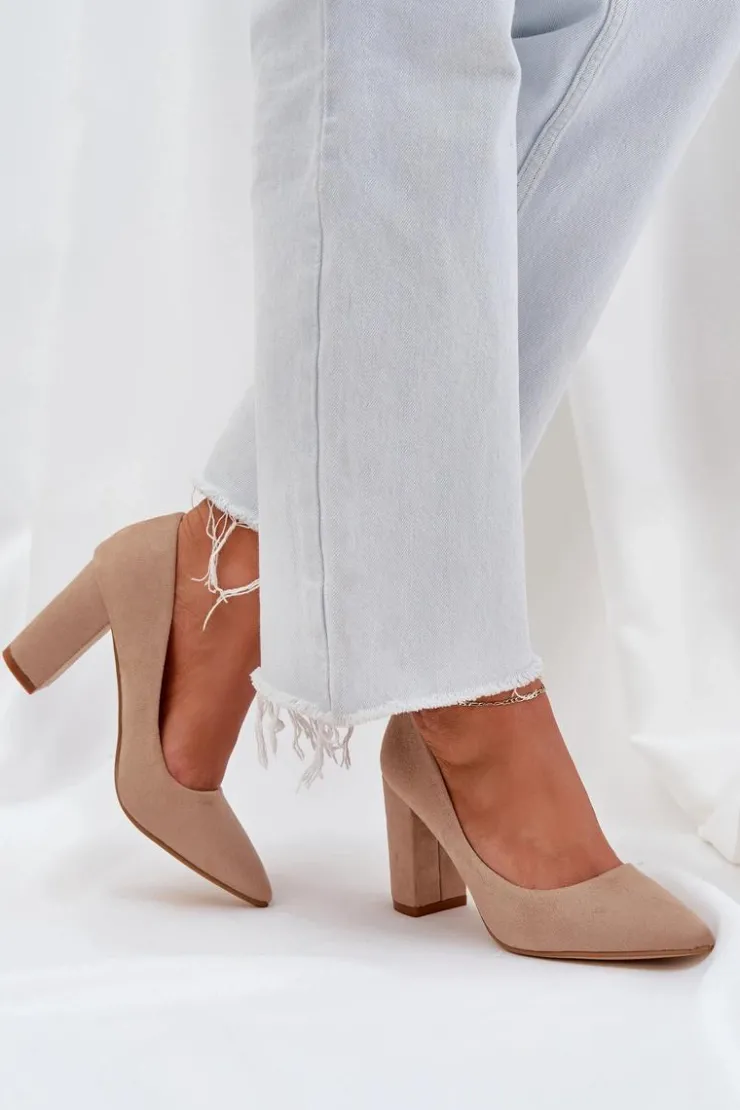 Boto Czółenka Zamszowe|Czółenka Na Słupku*Czółenka Damskie Na Słupku Eko Zamszowe Ciemnobeżowe Florena Beżowy