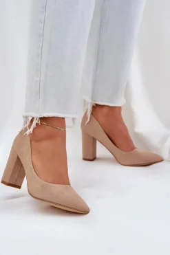 Boto Czółenka Zamszowe|Czółenka Na Słupku*Czółenka Damskie Na Słupku Eko Zamszowe Ciemnobeżowe Florena Beżowy