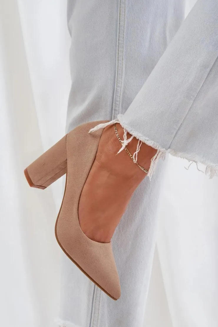 Boto Czółenka Zamszowe|Czółenka Na Słupku*Czółenka Damskie Na Słupku Eko Zamszowe Ciemnobeżowe Florena Beżowy