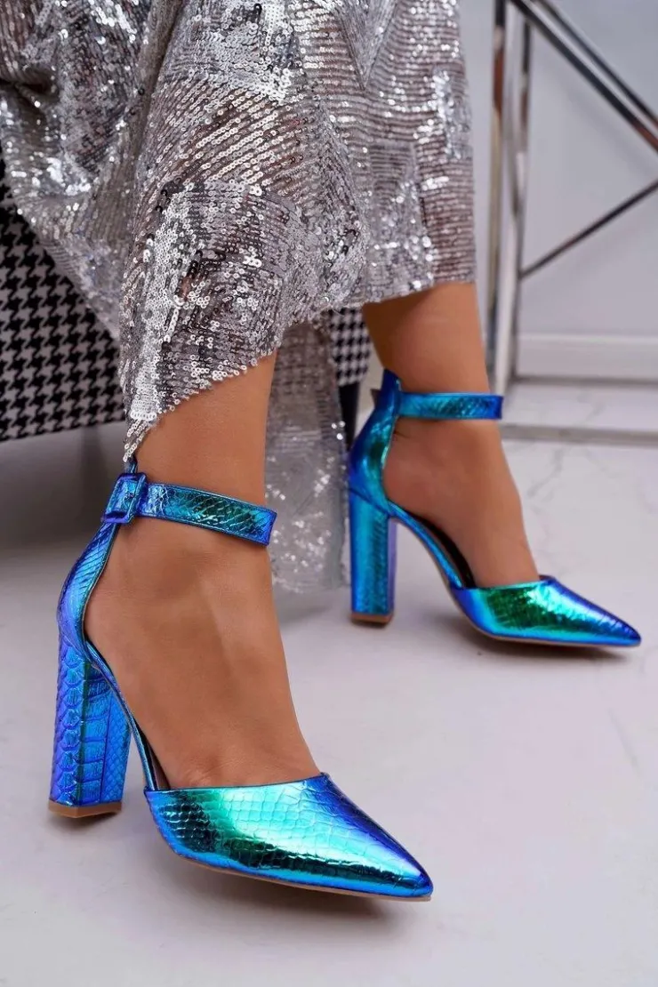 Boto Czółenka Na Słupku*Czółenka Damskie Na Słupku Opalizujące Niebieskie Magnetic