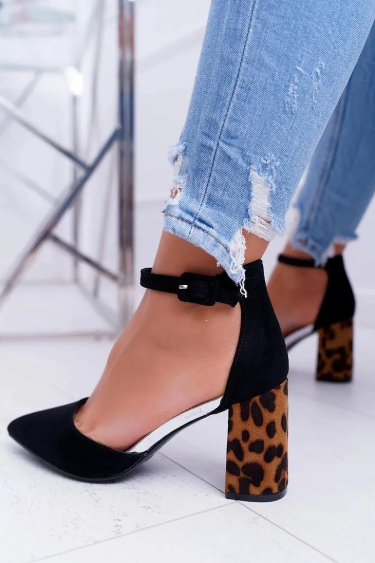 Best Boto Czółenka Damskie Na Słupku Panterki Czarne Ferri