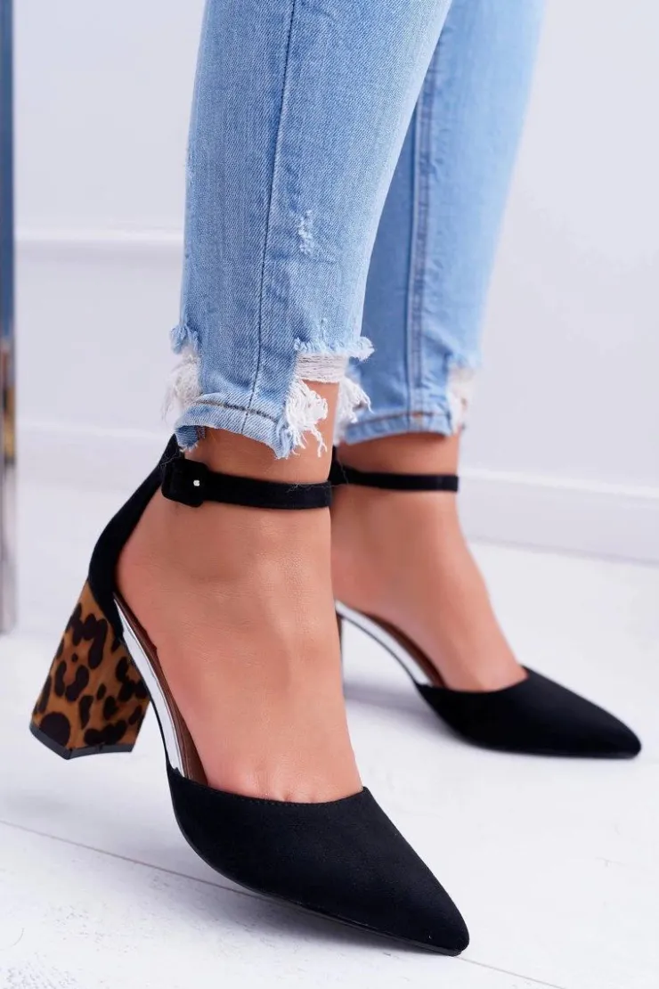 Best Boto Czółenka Damskie Na Słupku Panterki Czarne Ferri