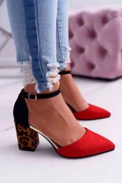 Damskie Boto Czółenka Damskie Na Słupku Panterki Czerwone Ferri