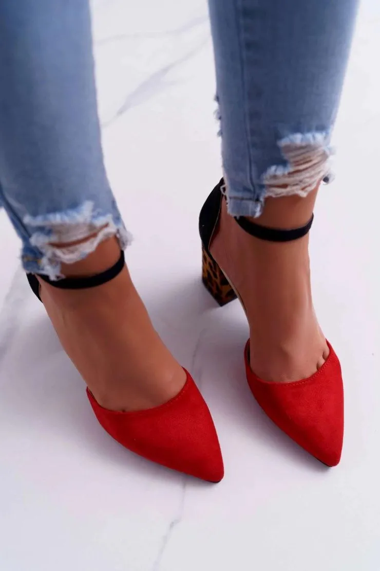 Damskie Boto Czółenka Damskie Na Słupku Panterki Czerwone Ferri