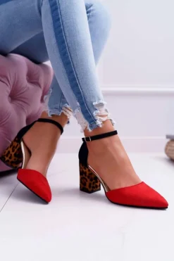 Damskie Boto Czółenka Damskie Na Słupku Panterki Czerwone Ferri