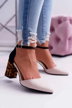 Discount Boto Czółenka Damskie Na Słupku Panterki Beżowe Ferri