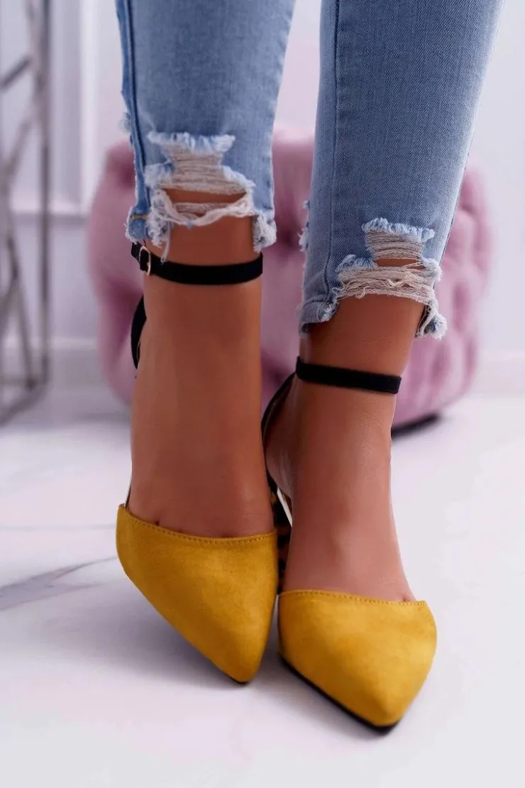 Damskie Boto Czółenka Damskie Na Słupku Panterki Żółte Ferri