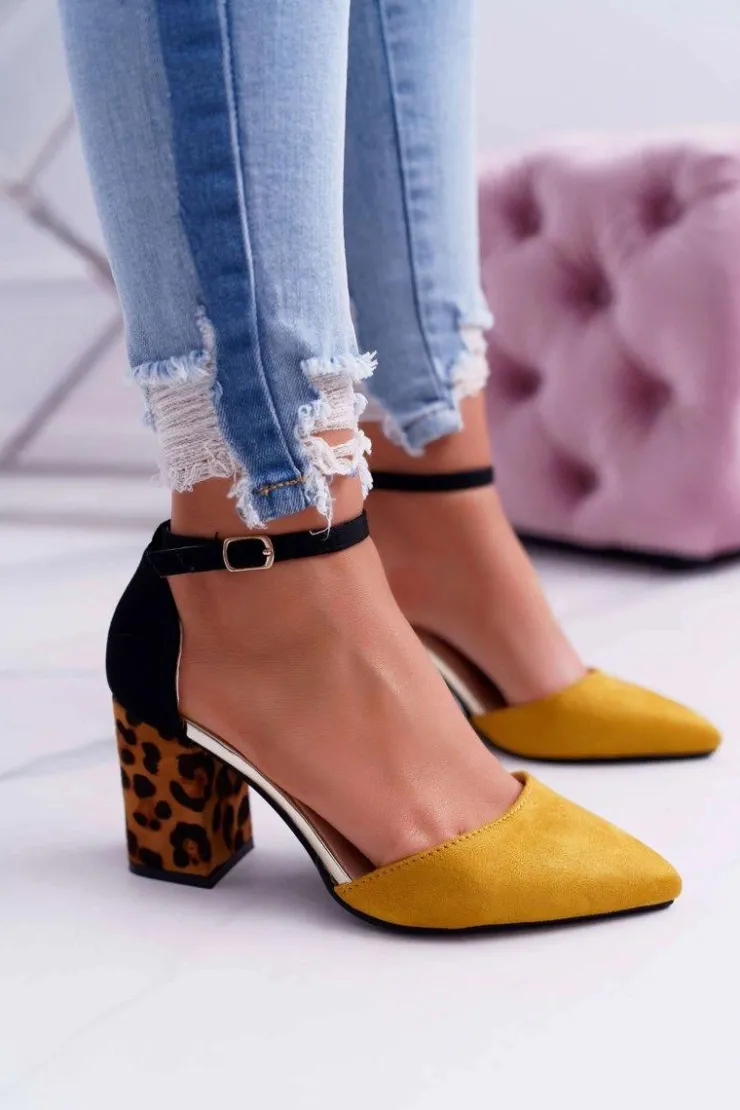 Damskie Boto Czółenka Damskie Na Słupku Panterki Żółte Ferri