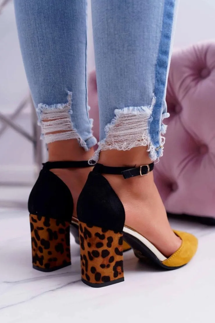 Damskie Boto Czółenka Damskie Na Słupku Panterki Żółte Ferri