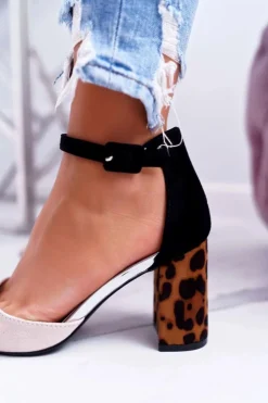 Hot Boto Czółenka Damskie Na Słupku Panterki Beżowe Ferri