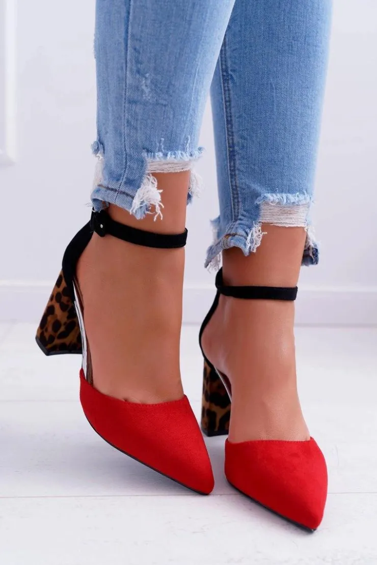 Damskie Boto Czółenka Damskie Na Słupku Panterki Czerwone Ferri