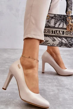 Clearance Buty Sergio Leone Czółenka Damskie Na Słupku Sergio Leone Jasnobeżowe Perła Campbell