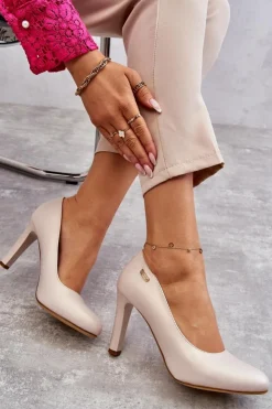 Clearance Buty Sergio Leone Czółenka Damskie Na Słupku Sergio Leone Jasnobeżowe Perła Campbell