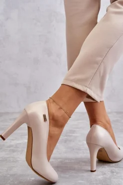 Clearance Buty Sergio Leone Czółenka Damskie Na Słupku Sergio Leone Jasnobeżowe Perła Campbell