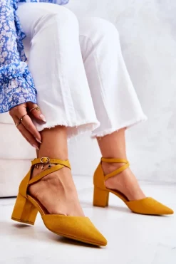 Outlet Boto Czółenka Damskie Na Słupku W Szpic Żółte Cosmo