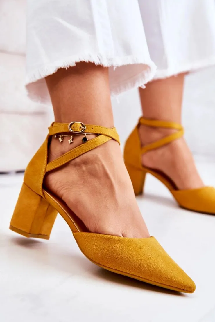 Outlet Boto Czółenka Damskie Na Słupku W Szpic Żółte Cosmo