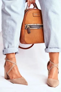 Damskie Boto Czółenka Damskie Na Słupku W Szpic Beżowe Traffic