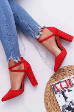 Damskie Boto Czółenka Damskie Na Słupku W Szpic Czerwone High Traffic