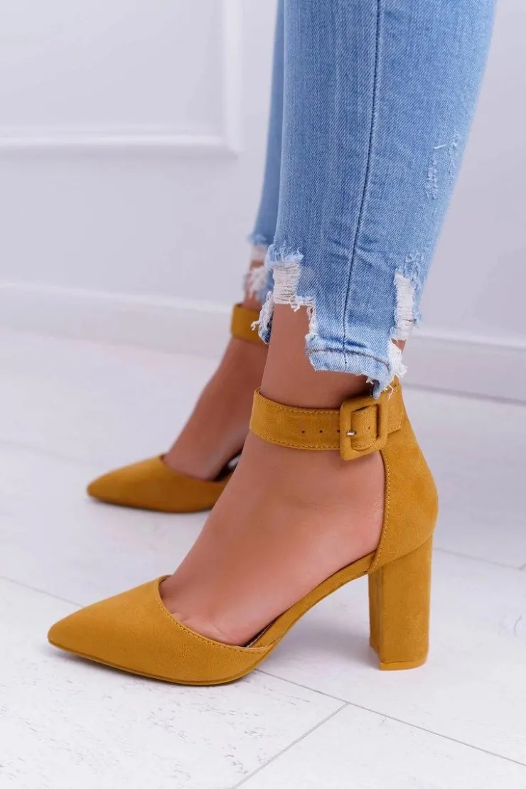 Damskie Boto Czółenka Damskie Na Słupku W Szpic Żółte Domine