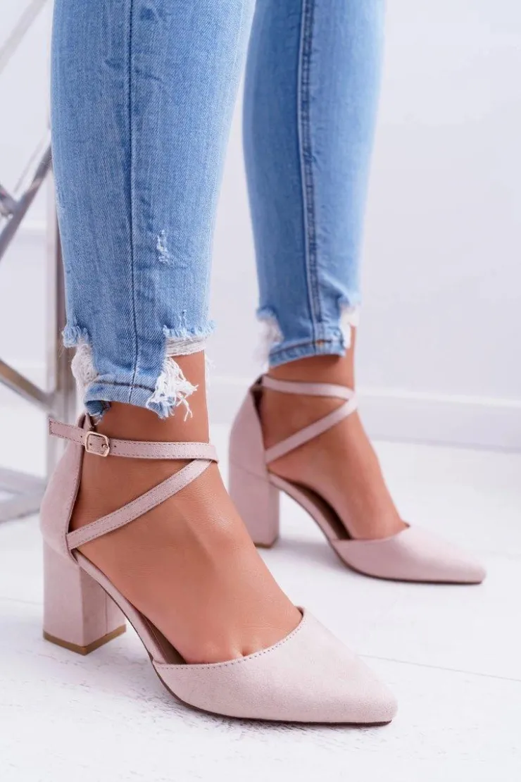 Damskie Boto Czółenka Damskie Na Słupku W Szpic Beżowe Cosmo