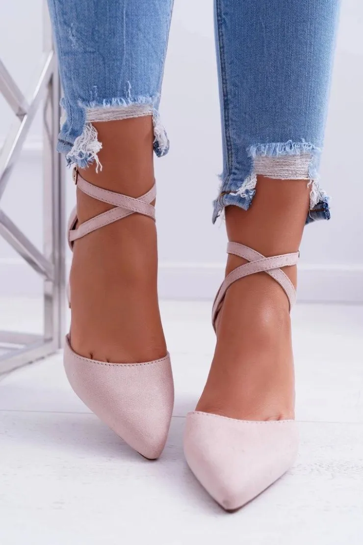 Damskie Boto Czółenka Damskie Na Słupku W Szpic Beżowe Cosmo