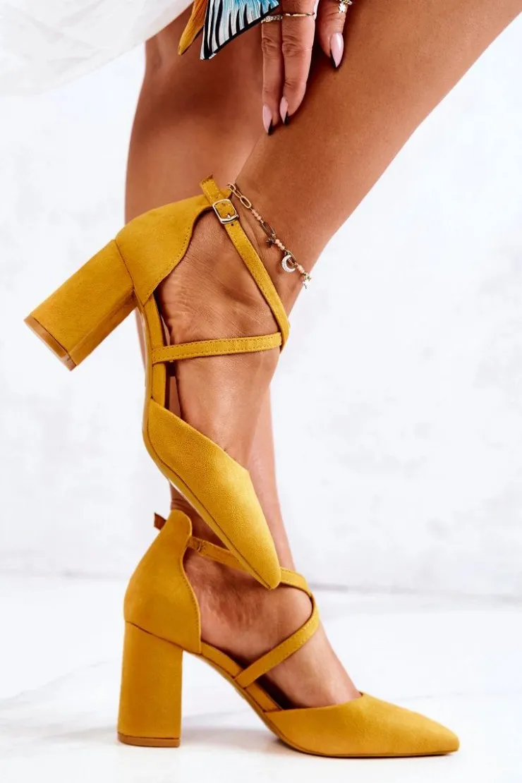 Damskie Boto Czółenka Damskie Na Słupku W Szpic Żółte Future