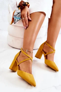 Damskie Boto Czółenka Damskie Na Słupku W Szpic Żółte Future