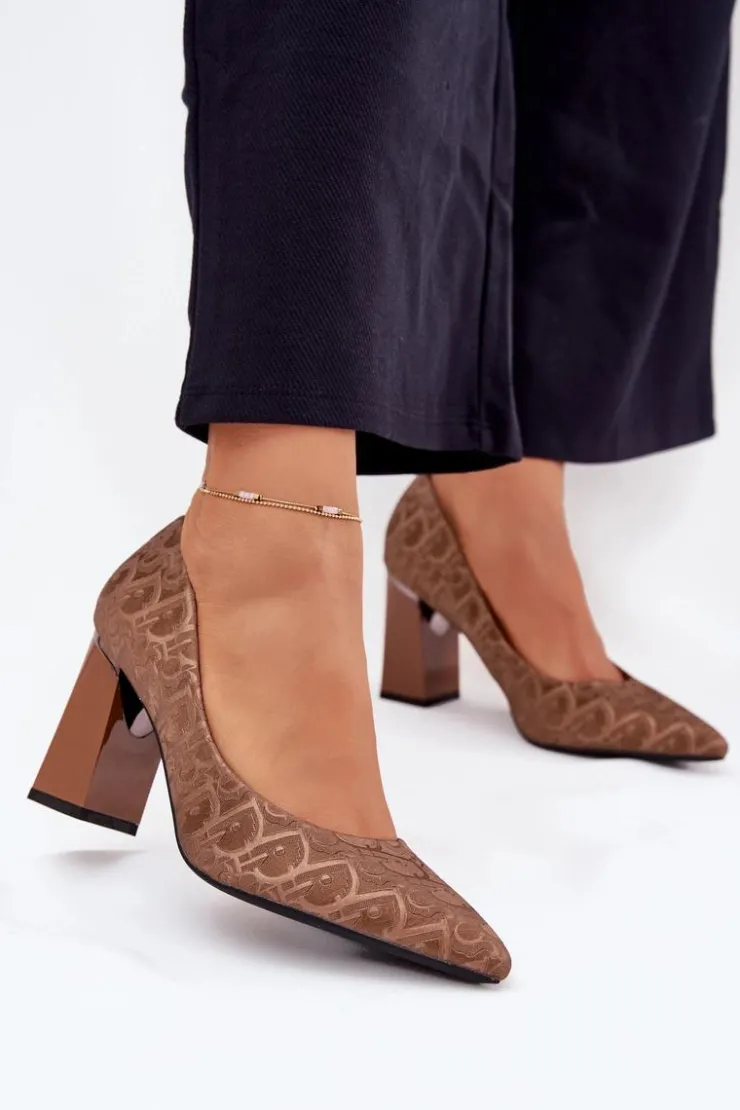 Buty damskie Vinceza Czółenka Na Słupku|Czółenka Klasyczne*Czółenka Damskie Na Słupku Z Ozdobnym Tłoczeniem Vinceza 62254 Brązowe