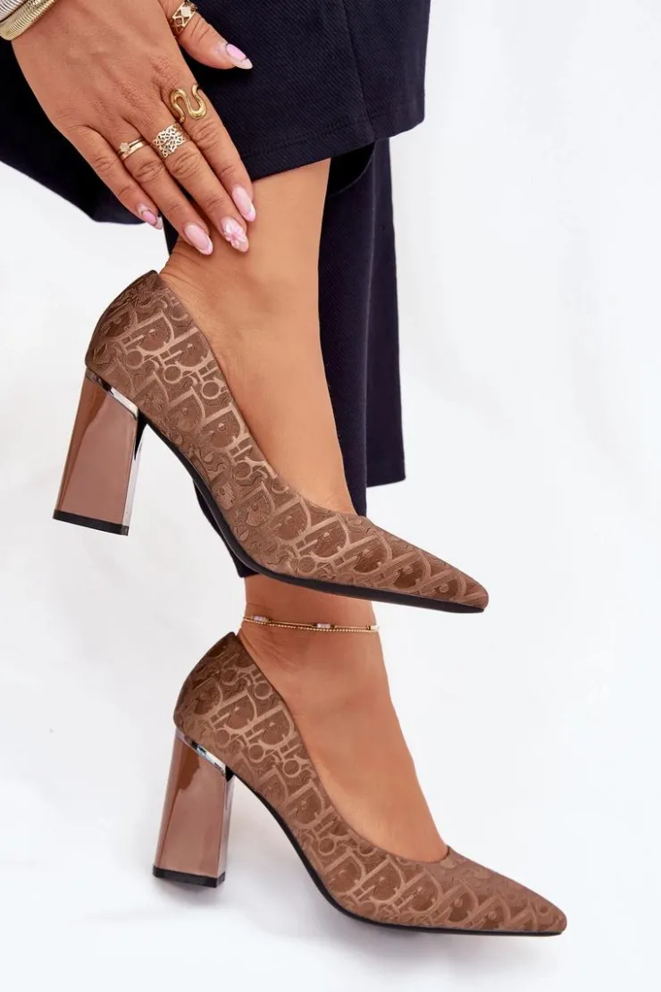 Buty damskie Vinceza Czółenka Na Słupku|Czółenka Klasyczne*Czółenka Damskie Na Słupku Z Ozdobnym Tłoczeniem Vinceza 62254 Brązowe